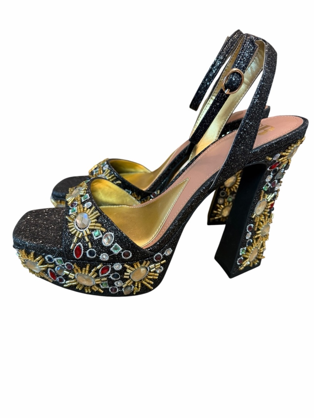 Gianni Bini Black Glitter Embellished Platform Block Heel Sandals Size 8.5